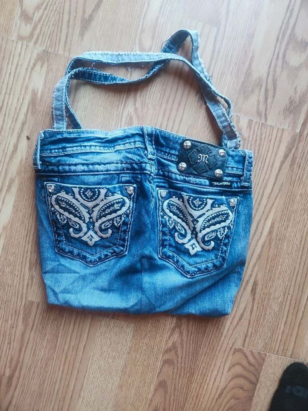 Miss Me Denim Tote Bag – Rhinestone Paisley Pocket Purse